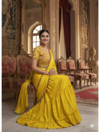 Mustard Ready To Wear Saree with Full Stitch Blouse - BONYHUBSAREE