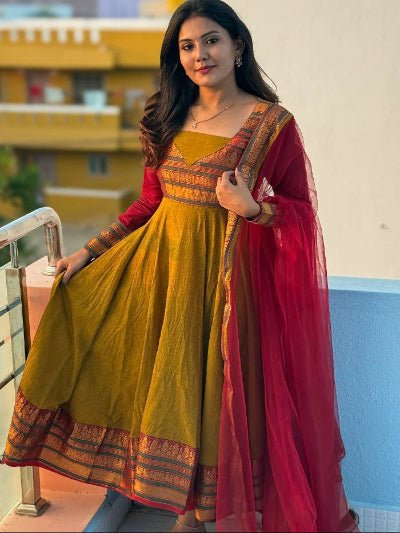 Mustard Red Vichitra Silk Anarkali Dupatta 2pc - BONYHUBSALWAR KAMEEZ