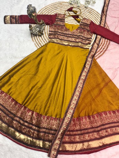 Mustard Red Vichitra Silk Anarkali Dupatta 2pc - BONYHUBSALWAR KAMEEZ