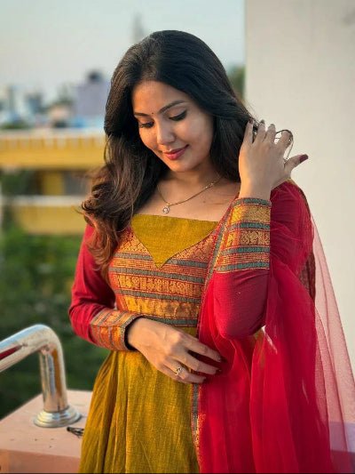 Mustard Red Vichitra Silk Anarkali Dupatta 2pc - BONYHUBSALWAR KAMEEZ