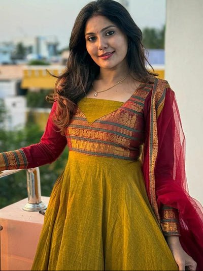 Mustard Red Vichitra Silk Anarkali Dupatta 2pc - BONYHUBSALWAR KAMEEZ