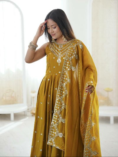 Mustard Roman Silk Embroidered Anarkali Suit UK Next Day - BONYHUBSALWAR KAMEEZ