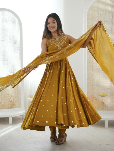 Mustard Roman Silk Embroidered Anarkali Suit UK Next Day - BONYHUBSALWAR KAMEEZ