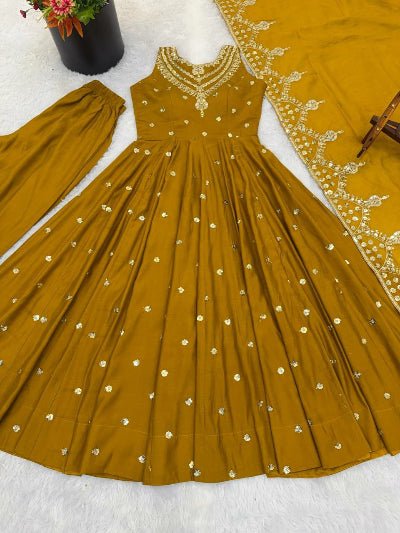Mustard Roman Silk Embroidered Anarkali Suit UK Next Day - BONYHUBSALWAR KAMEEZ