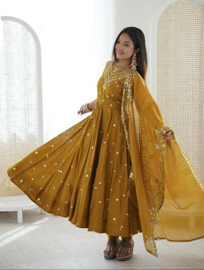 Mustard Roman Silk Embroidered Anarkali Suit UK Next Day - BONYHUBSALWAR KAMEEZ
