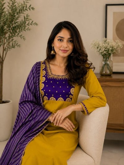Mustard Yellow Chanderi Embroidered Anarkali Suit Set - BONYHUBSALWAR KAMEEZ