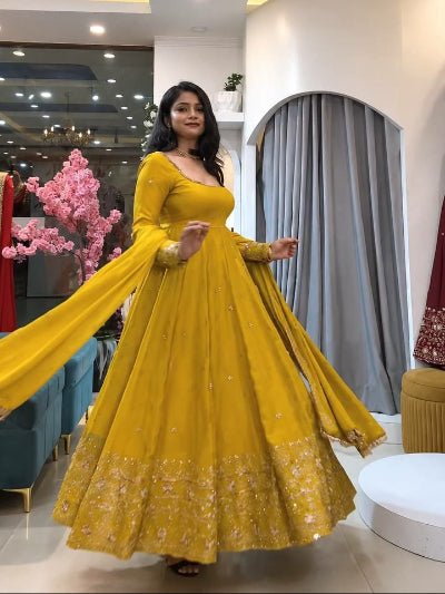 Mustard Yellow Crunchy Silk Embroidered Sequin Work Anarkali Suit Set - BONYHUBSALWAR KAMEEZ