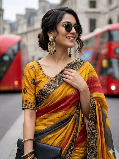 Mustard Yellow Embroidered Chiffon Silk Ready to Wear Saree with Stitched Blouse for Women - BONYHUBSAREE