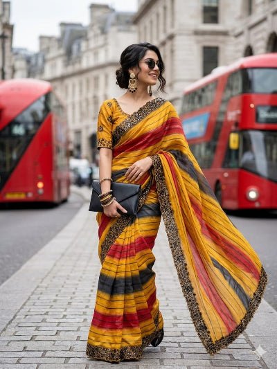 Mustard Yellow Embroidered Chiffon Silk Ready to Wear Saree with Stitched Blouse for Women - BONYHUBSAREE