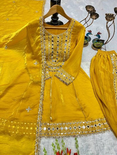 Mustard Yellow Mirror Work Punjabi Dhoti Suit Set - BONYHUBSALWAR KAMEEZ