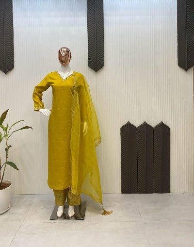 Mustard Yellow Roman Silk Mirror Work Straight Suit Set - BONYHUBSALWAR KAMEEZ