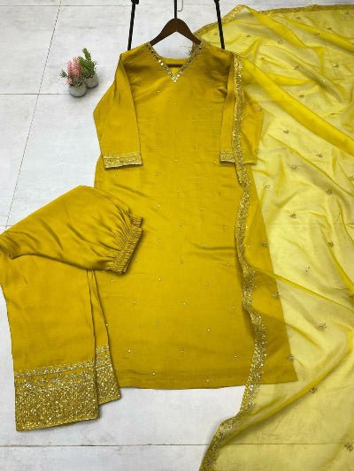 Mustard Yellow Roman Silk Mirror Work Straight Suit Set - BONYHUBSALWAR KAMEEZ