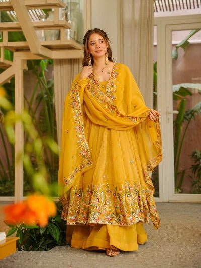 Mustard Yellow Sequence Work Anarkali Suit - BONYHUBSALWAR KAMEEZ