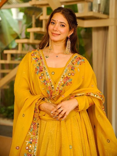 Mustard Yellow Sequence Work Anarkali Suit - BONYHUBSALWAR KAMEEZ