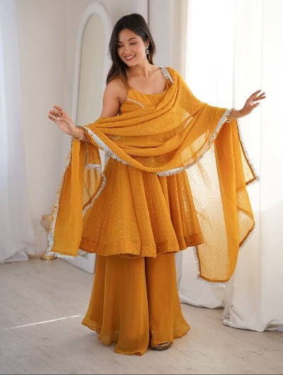 Mustard Yellow Sleeveless Peplum Kurti Sharara Dupatta Set - BONYHUBSALWAR KAMEEZ