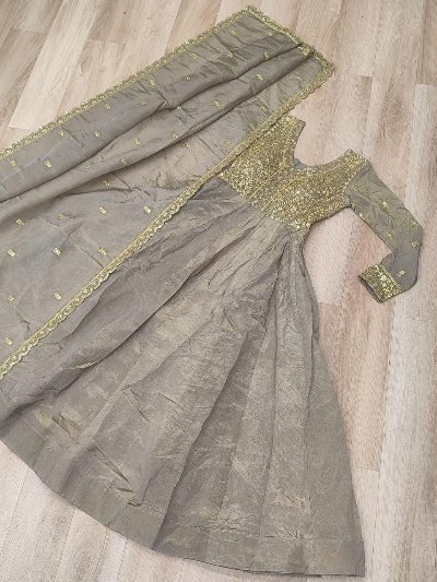 Muted Grey Gold Embroidery Anarkali Gown Dupatta Set Of 2 - BONYHUBSALWAR KAMEEZ