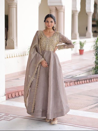 Muted Grey Gold Embroidery Anarkali Gown Dupatta Set Of 2 - BONYHUBSALWAR KAMEEZ