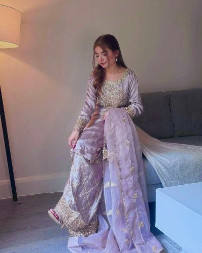 Muted Lavender Sharara Palazzo Suit With Organza Dupatta - BONYHUBSALWAR KAMEEZ