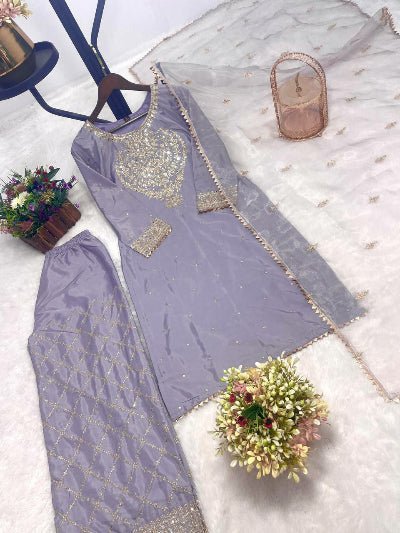 Muted Lavender Sharara Palazzo Suit With Organza Dupatta - BONYHUBSALWAR KAMEEZ