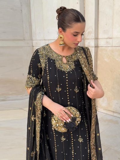 Mystic Black Georgette Gold Sequins Work Palazzo Suit Set - BONYHUBSALWAR KAMEEZ