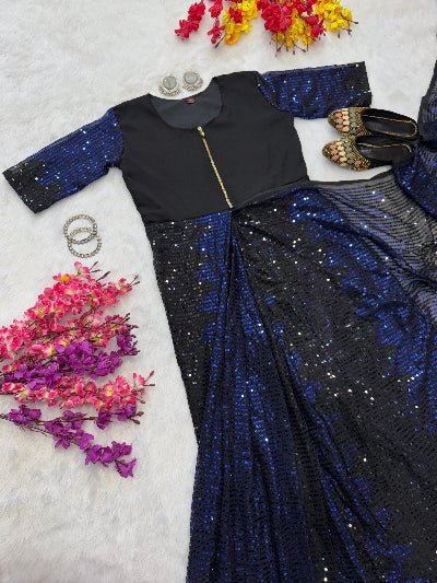 Navy Blue & Black Sequins Zip & Go 10 Second Saree Gown - BONYHUBSAREE