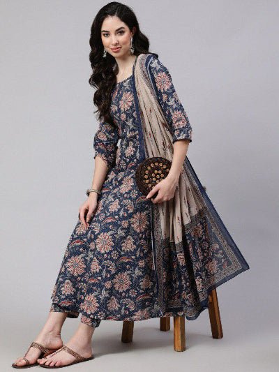Navy Blue Cotton Jaipuri Anarkali Suit UK Next Day - BONYHUBSALWAR KAMEEZ