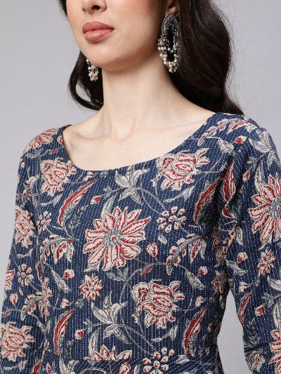 Navy Blue Cotton Jaipuri Anarkali Suit UK Next Day - BONYHUBSALWAR KAMEEZ