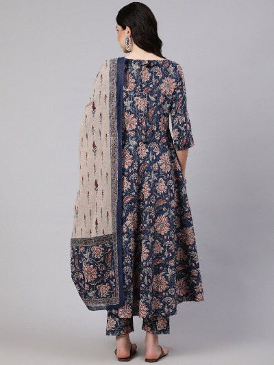 Navy Blue Cotton Jaipuri Anarkali Suit UK Next Day - BONYHUBSALWAR KAMEEZ