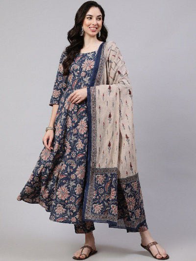 Navy Blue Cotton Jaipuri Anarkali Suit UK Next Day - BONYHUBSALWAR KAMEEZ