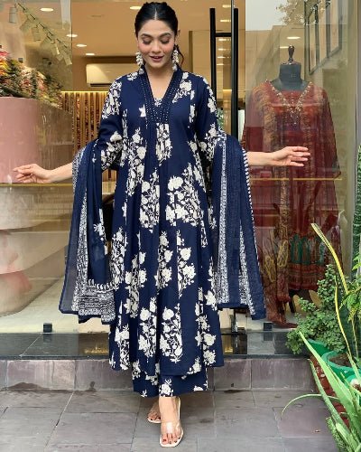 Navy Blue Cotton V Neck Anarkali Suit Set - BONYHUBSALWAR KAMEEZ