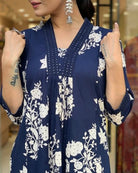 Navy Blue Cotton V Neck Anarkali Suit Set - BONYHUBSALWAR KAMEEZ