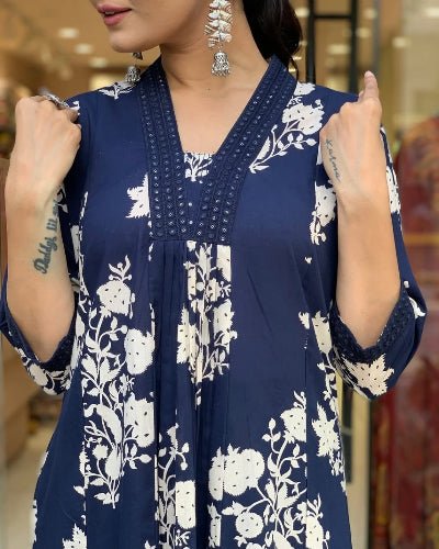 Navy Blue Cotton V Neck Anarkali Suit Set - BONYHUBSALWAR KAMEEZ
