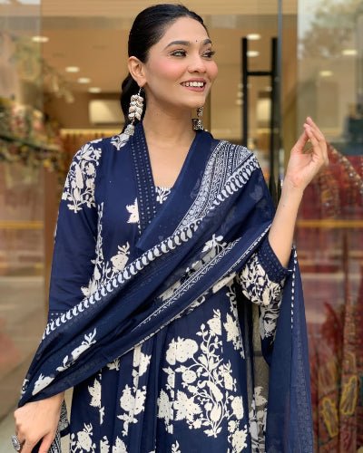 Navy Blue Cotton V Neck Anarkali Suit Set - BONYHUBSALWAR KAMEEZ