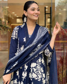 Navy Blue Cotton V Neck Anarkali Suit Set - BONYHUBSALWAR KAMEEZ
