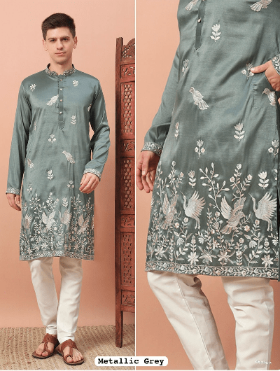 Navy Blue Designer Boutique Embroidery Men Kurta Pyjama - BONYHUBMEN KURTA