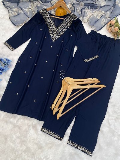 Navy Blue Embroidered Salwar Suit With Organza Dupatta UK Next Day - BONYHUBSALWAR KAMEEZ