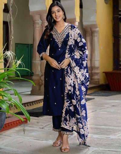 Navy Blue Embroidered Salwar Suit With Organza Dupatta UK Next Day - BONYHUBSALWAR KAMEEZ