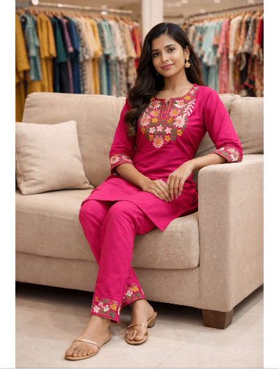 Navy Blue Floral Cotton Kurti Pant Set - BONYHUBSALWAR KAMEEZ