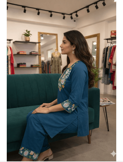 Navy Blue Floral Cotton Kurti Pant Set - BONYHUBSALWAR KAMEEZ