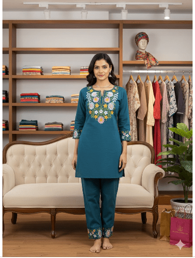 Navy Blue Floral Cotton Kurti Pant Set - BONYHUBSALWAR KAMEEZ