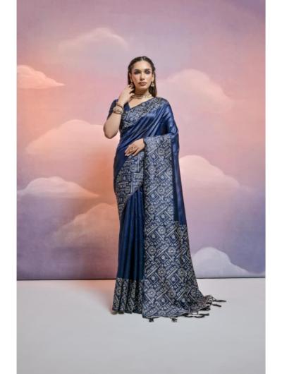 Navy Blue Handloom Silk Sari with Unstiched Blouse - BONYHUBSAREE