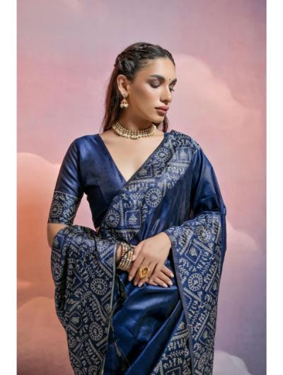 Navy Blue Handloom Silk Sari with Unstiched Blouse - BONYHUBSAREE