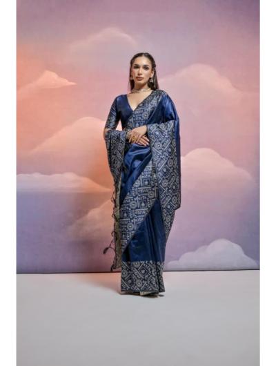 Navy Blue Handloom Silk Sari with Unstiched Blouse - BONYHUBSAREE
