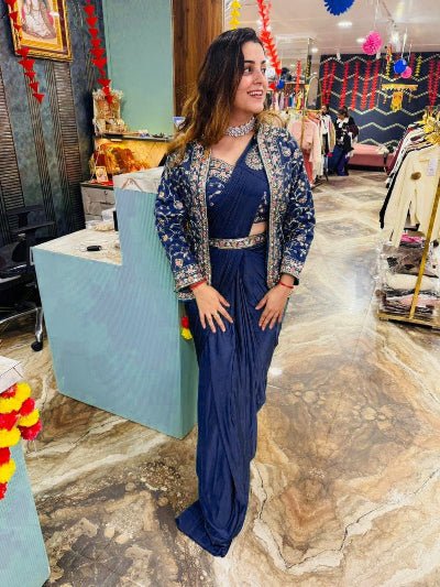 Navy Blue Indo Western Ready To Wear Saree Blouse & Koti UK Next Day - BONYHUBSAREE