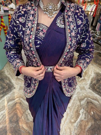 Navy Blue Indo Western Ready To Wear Saree Blouse & Koti UK Next Day - BONYHUBSAREE