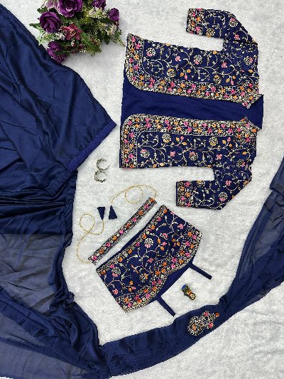 Navy Blue Indo Western Ready To Wear Saree Blouse & Koti UK Next Day - BONYHUBSAREE