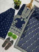 Navy Blue Intricate Embroidery Sequins Work Sharara Palazzo Suit Set - BONYHUBSALWAR KAMEEZ