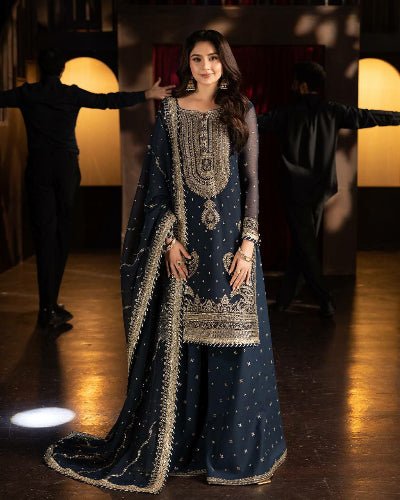 Navy Blue Intricate Embroidery Sequins Work Sharara Palazzo Suit Set - BONYHUBSALWAR KAMEEZ