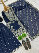 Navy Blue Intricate Embroidery Sequins Work Sharara Palazzo Suit Set - BONYHUBSALWAR KAMEEZ