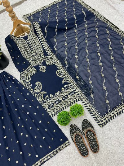 Navy Blue Intricate Embroidery Sequins Work Sharara Palazzo Suit Set - BONYHUBSALWAR KAMEEZ